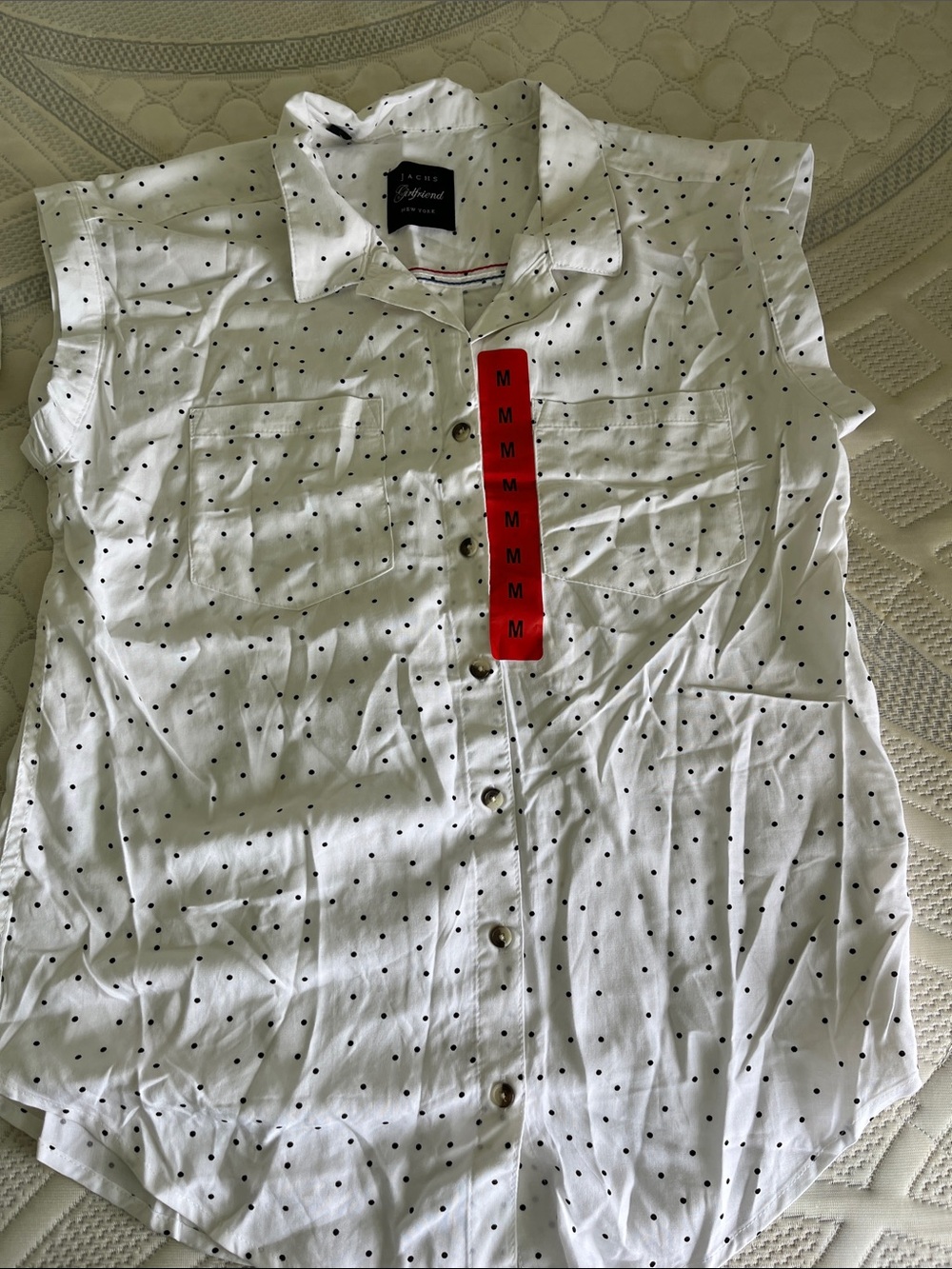Jachs White and Black Polka Dot Sleeveless Button-Up Blouse